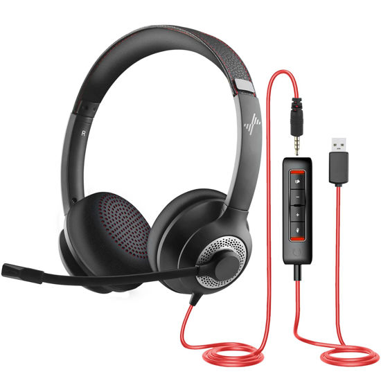 Picture of EAGLEND USB Headset with Mic for PC, On-Ear Computer Laptop Headphones with Noise Cancelling Microphone in-line Control for Home Office Online Class Skype Zoom