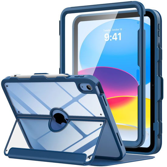 Picture of MoKo for iPad 10th Generation Case with Pencil Holder, iPad Case 10th Generation 2022 10.9", Built-in Screen Protector Clear Back, Stain Resistant Multi Angle Viewing Stand, Auto Wake/Sleep, Navy Blue