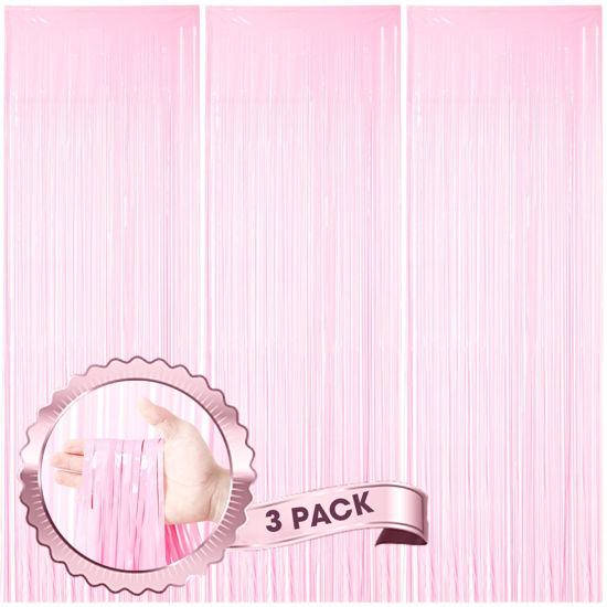 Picture of Voircoloria 3 Pack 3.3 x 8.2 ft Pasel Pink Foil Fringe Backdrop Curtains, Tinsel Streamers Birthday Party Decorations, Fringe Backdrop for Graduation, Baby Shower, Gender Reveal, Disco Party