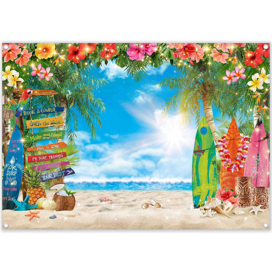 Picture of YCUCUEI 7x5ft Summer Hawaiian Beach Photography Backdrop Tropical Flower Palm Leaves Surfboard Background for Luau Aloha Party Decoration Banner Photo Booth