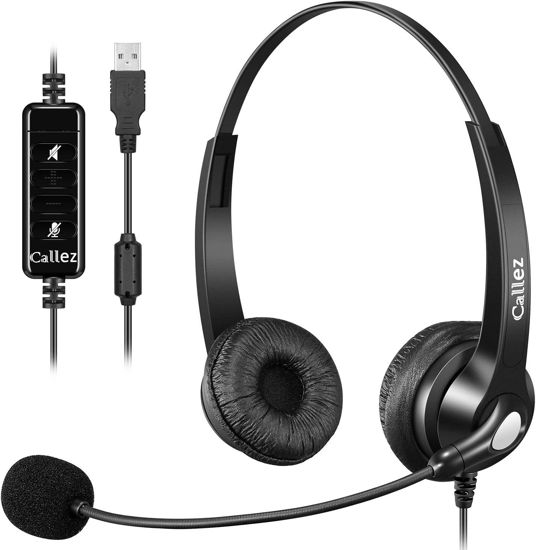 Picture of USB Headset with Microphone Noise Cancelling & Audio Controls, Stereo Computer Headphones for Business Skype UC Lync Softphone Call Center Office, Clearer Voice, Super Light, Ultra Comfort