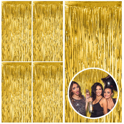 Picture of 5 Pack Gold Fringe Curtain Backdrop Tinsel Streamers Birthday Party Decorations Christmas Photo Booth Backdrop Halloween New Year Graduation Baby Shower Theme Party Decorations