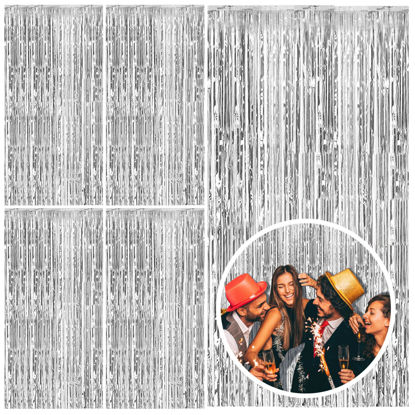 Picture of 5 Pack Silver Backdrop Curtain Party Decorations Foil Fringe Backdrop Silver Tinsel Streamers Birthday Bachelorette New Year Christmas Wedding Baby Shower Disco Party Decorations