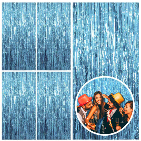 Picture of 5 Pack Blue Backdrop Curtain Tinsel Streamers Ocean Themed Decor Birthday Party Decorations Foil Fringe Backdrop Graduation Baby Shower Bachelorette Winter Party Decorations Supplies