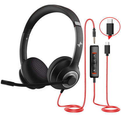 Picture of EAGLEND Headset with Microphone for PC Wired Headphones - USB C 3.5mm Headsets with Noise-Cancelling Microphone for Laptop - Type-C Computer Headphones with Mic in-line Control for Home