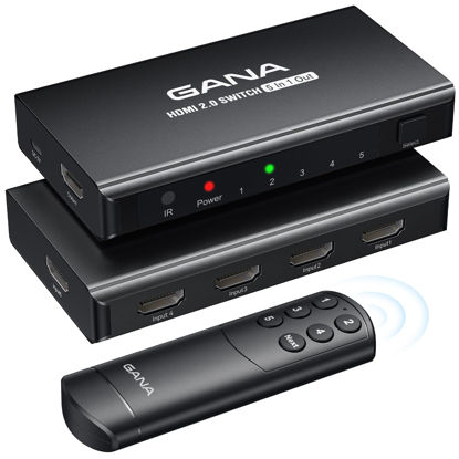 Picture of HDMI Switch 5 in 1 Out 4K@60Hz, GANA HDMI Splitter Switcher with Remote, Aluminum HDMI 2.0 Switch Box Hub for 3D, HDCP2.2, HDR, Compatible with Xbox, PS5/4/3,Fire Stick,Roku,Blu-Ray Player, Black