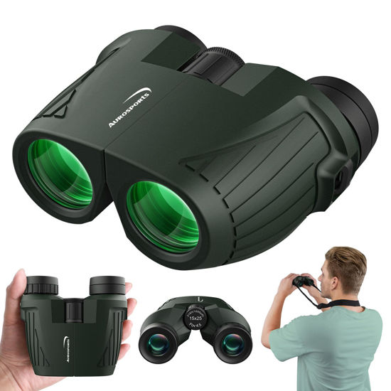 Picture of Aurosports 15x25 Compact Binoculars for Adult Kids - High Power Binoculars for Bird Watching - Easy Focus Small Binocular with Low Light Vision for Travel, Camping, Concert, Hiking -Green