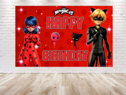 Picture of 5x3 FT Miraculous Ladybug Backdrop for Birthday Party Decorations. Cartoon Miraculous Ladybug Background for Theme Birthday.