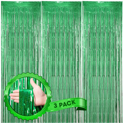 Picture of Voircoloria 3 Pack 3.3 x 8.2 ft Laser Green Foil Fringe Backdrop Curtains, Tinsel Streamers Birthday Party Decorations, Fringe Backdrop for Graduation, Baby Shower, Gender Reveal, Disco Party