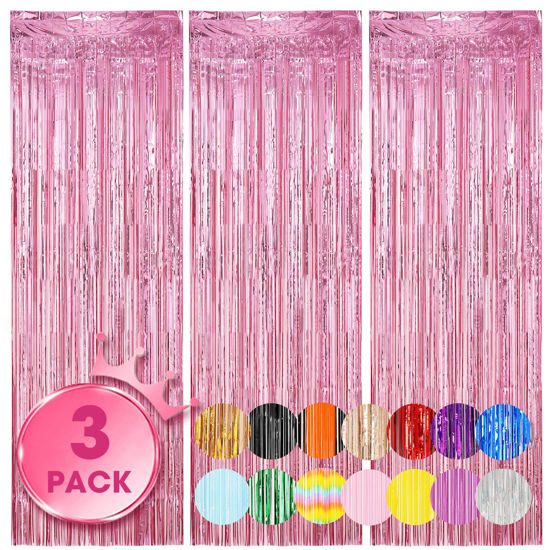 Picture of Voircoloria 3 Pack 3.3 x 8.2 ft Light Pink Foil Fringe Backdrop Curtains, Tinsel Streamers Birthday Party Decorations, Fringe Backdrop for Graduation, Baby Shower, Gender Reveal, Disco Party