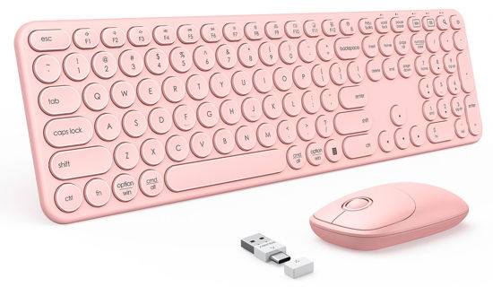 Picture of PEIOUS Wireless Keyboard and Mouse Combo, Cute Pink Keyboard & Mouse with USB and Type C Receiver, Full Size Wireless Mouse and Keyboard, Compatible for MacBook, Windows, Laptop, PC - Pink