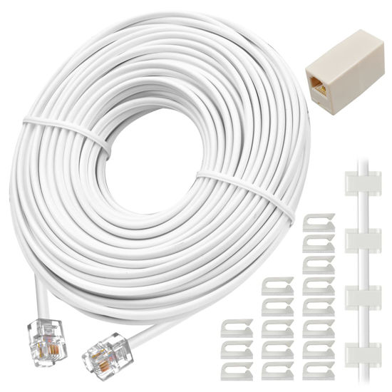 Picture of Phone Extension Cord 100 Ft, Telephone Cable with Standard RJ11 Plug and 1 in-Line Couplers and 20 Cable Clip Holders, White