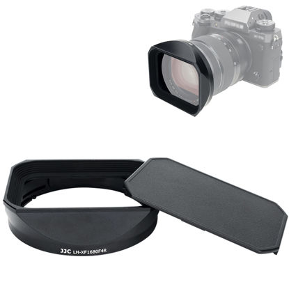 Picture of JJC Metal Square Lens Hood for Fujifilm Fujinon XF 16-80mm F4 R OIS WR Lens on Fuji X-T5 X-T4 X-T3 X-T2 X-T30 II X-T20 X-T200 X-T100 X-S10 X-Pro3 X-Pro2 X-H2S X-H2 X-E4 X-E3 Camera with Lens Hood Cap