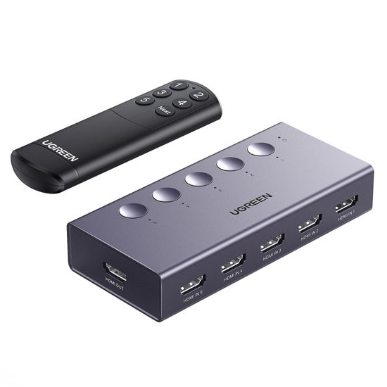 Picture of UGREEN HDMI Switch 5 in 1 Out 4K@60Hz, HDMI Splitter with Remote 5 Port HDMI Switcher Selector Support 3D CEC HDR HDCP2.2 Compatible with PS5/4/3 Xbox Nintendo Switch Roku TV Fire Stick Grey