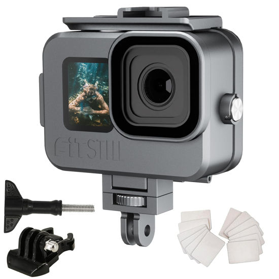 Picture of FitStill 263FT/80M Aluminum Alloy Waterproof Case for Go Pro Hero12/Hero11/Hero10/ Hero9 Black,with 2 Cold Shoe Protective Underwater with Bracket Action Camera Accessories