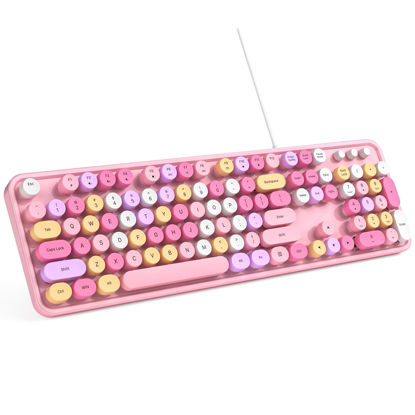 Picture of MOWUX Computer Keyboard Wired, Plug and Play USB Retro Round Typewriter Keyboard, Full Size Wired Keyboard with Foldable Stands for Laptop and Office PC- Pink Colorful