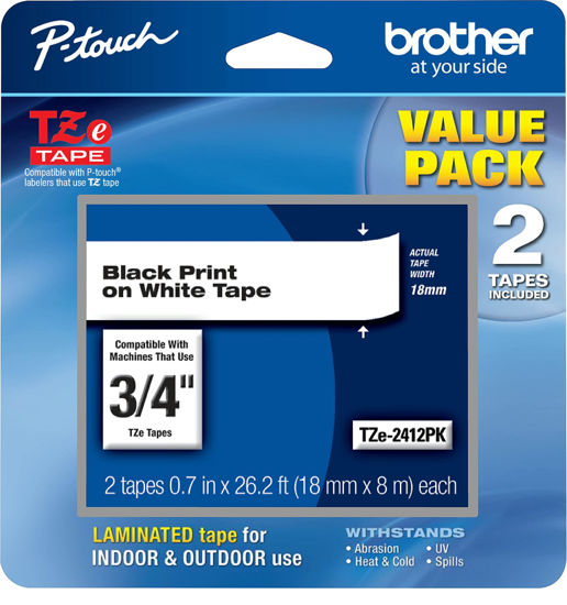 Picture of Brother Genuine P-Touch, TZe2412PK, 2 Pack of Label Tape, Black Font On White Label, TZe241,Black on White