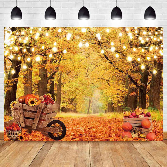 Picture of MAQTT 7x5ft Autumn Thanksgiving Backdrop for Party Decoration Fall Maple Forest Glitter Natural Scenery Photo Background Pumpkin Fruit Harvest Party Supplies Happy Thanksgiving Party Decor