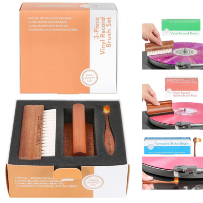 Picture of Vinyl Supply Co. Ultimate Record Cleaning Kit - 100% All-Natural Sapele Mahogany Wood 3-in-1 Brush Set - G.O.A.T. Hair Brush, Velvet Brush Pad, & Stylus Brush Cleaner