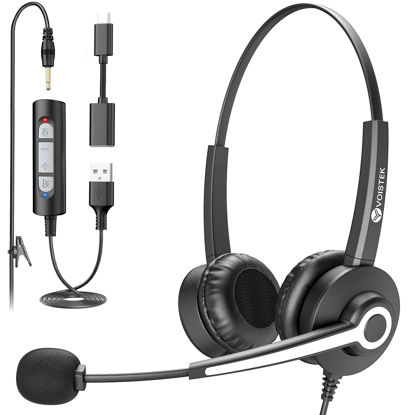 Picture of PC Headset with Mic, USB C/3.5MM/USB Jack - Computer Headphones with Noise Canceling Microphone & in-line Control for Music Gaming Work Home Online Class Office Zoom Skype - Black