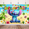 Picture of Titenmaoyi Stich Birthday Party Decorations, 5x3ft Happy Birthday Backdrop Hawaiian Banner Background for Tropical Beach Birthday Party Decorations