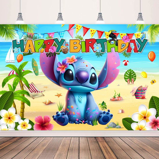 Picture of Titenmaoyi Stich Birthday Party Decorations, 5x3ft Happy Birthday Backdrop Hawaiian Banner Background for Tropical Beach Birthday Party Decorations