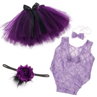 Picture of SPOKKI 4 PCS Newborn Photography Props Outfits-BabyTutu Skirt Cute Bow Headdress and Lace Rompers Sets for Infants Girl Boy (PH227-E)