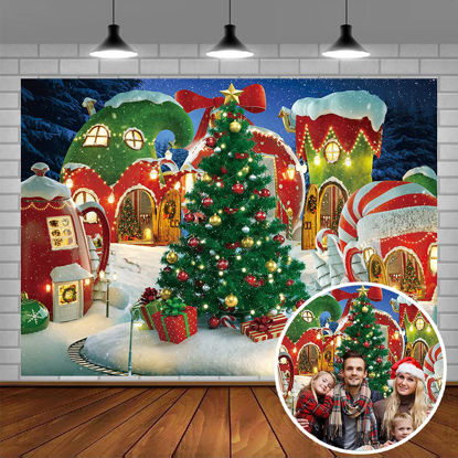 Picture of Cartoon Christmas Village Photography Backdrop Winter Snow Pine Tree Background Xmas Fairy Tale Animated Kid Party Photo Booth Banner Supplies (7x5)