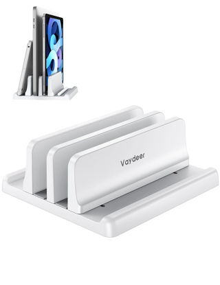 Picture of Vaydeer Vertical Laptop Stand for Desk, Dual Slots Plastic Laptop Holder with Space Saving 4-in-1 Design, Adjustable Laptop Stand Supports MacBook, Chromebook, Surface, Dell (White)