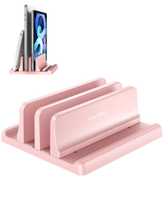 Picture of Vaydeer Vertical Laptop Stand for Desk, Dual Slots Plastic Laptop Holder with Space Saving 4-in-1 Design, Adjustable Laptop Stand Supports MacBook, Chromebook, Surface, Dell (Pink)