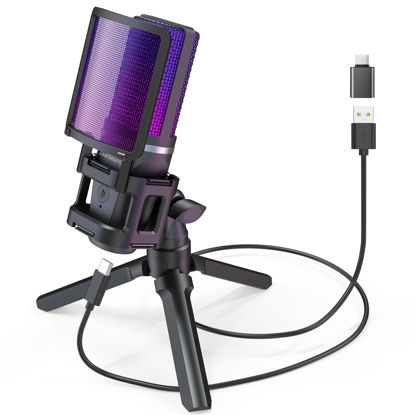 Picture of ZealSound Gaming USB Microphone for Phone PC PS5,RGB Mic with Quick Mute,RGB Indicator,Tripod Stand,Pop Filter,Shock Mount,Gain Control,No-Lentancy Monitor for Streaming Discord Twitch Podcasts Videos