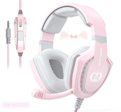 Picture of Bocodow Pink Gaming Headset for Girls Women with Microphone, Bass, Stereo Surround Sound Wired Over-Ear Headphones with Mic for PC Mac Computer PS5 Xbox PS4 Laptop (Pink)