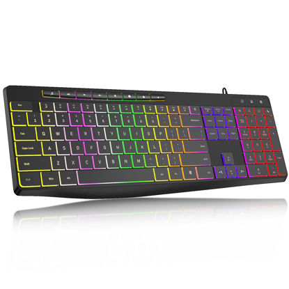 Picture of Computer Keyboard Wired,7-Color Rainbow LED Backlit, Quiet Light Up Keyboard with Multimedia Keys,Low Profile Chiclet Keys,Large Number Pad,Spill-Resistant, Anti-Wear Letters for Windows Mac PC Laptop