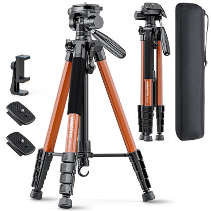 Picture of CAMBOFOTO 74"-Camera-Tripod, Porfessional Aluminum Heavy Duty Tripod Stand for Mirrorless Camera/DSLR/Cell Phone/Camcorder, with Holder and Travel Bag (Orange)