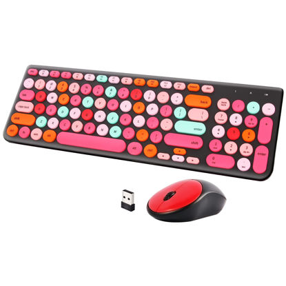 Picture of Wireless Keyboard and Mouse Combo, Retro Typewriter Wireless Keyboard with Round Keycaps, 2.4GHz Full-Size USB Cute Mouse for Desktop, Laptop and Computer (Black-Colorful)