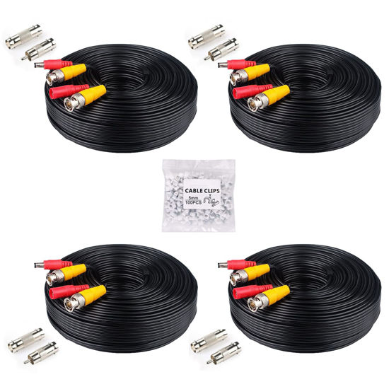 Picture of LONNKY 4 Pack 100ft/30m 2-in-1 Video Power Cable, BNC Extension Surveillance Camera Cables for CCTV Surveillance Camera DVR System (with 4 x BNC Connectors, 4 x RCA Adapters and 100pcs Cable Clips)