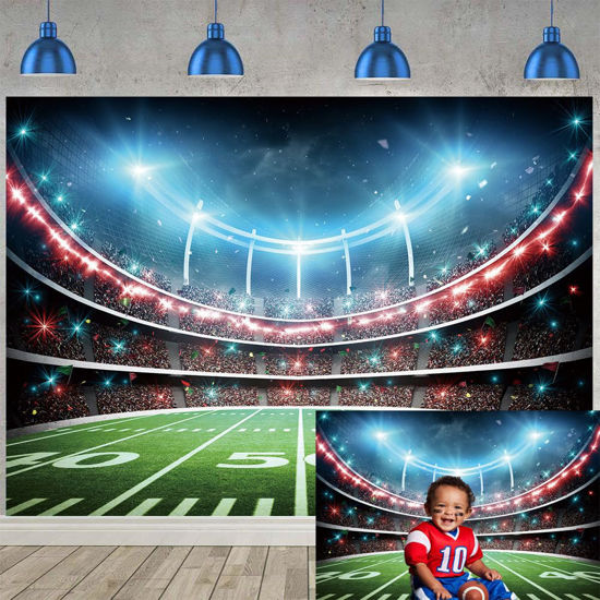 Picture of Football Field Backdrop Sports Stadium Auditorium Light Photography Background Football Theme Party Decoration Cake Table Banner 7X5FT(82x59inch)