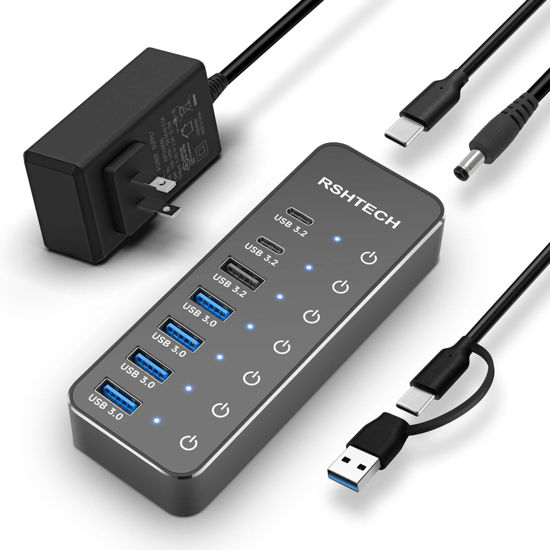 Picture of RSHTECH 7-Port Powered USB 3.2/USB C Hub with 10Gbps USB-A 3.2, 2 USB-C 3.2, 4 USB 3.0 Ports, Individual Touch Switches, 3.3ft Cable and 5V Power Adapter, USB Hub Splitter for Laptop/PC, RSH-ST07C