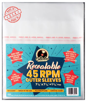 Picture of 45 RPM RESEALABLE Outer Sleeves - 50 -Pack - Crystal-Clear Polypropylene - USA Made - 2mil Thick - Acid-Free Archival Quality for 7" Vinyl Records