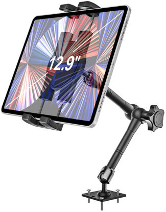 Picture of woleyi Drill Base Tablet Mount for Truck - [Metal Long Arm] Heavy Duty Truck Tablet Holder Dashboard Car Mount for Commercial Vehicles, Semi Trucks, for 4-12.9" iPad Pro, Air, Mini, Galaxy Tab, Z Fold