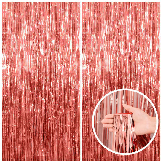 Picture of 2 Pack Rose Gold Fringe Curtain Backdrop Birthday Bachelorette Party Decorations Metallic Tinsel Streamers Foil Backdrop Christmas Graduation Wedding New Year Party Decorations