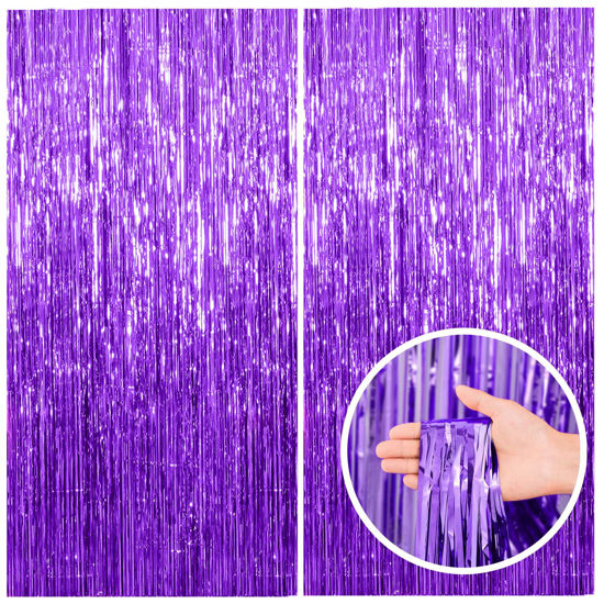 Picture of 2 Pack Purple Backdrop Tinsel Streamers Foil Fringe Backdrop Halloween Party Decorations Purple Backdrop Curtain Birthday Graduation Bachelorette Christmas New Year Party Decorations