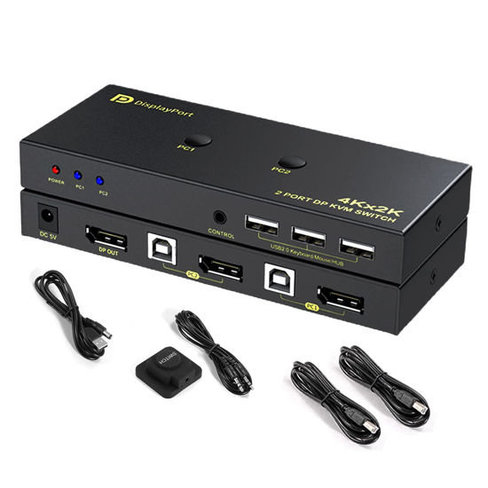 Picture of DP KVM Switch 1 Monitors 2 Computers, 2 Port Displayport KVM Switch Share USB 2.0 Devices with 3 USB Hub for 4K@60Hz, 2K@144Hz, 2K@120Hz with Extension Control Switch and 2 USB Cable