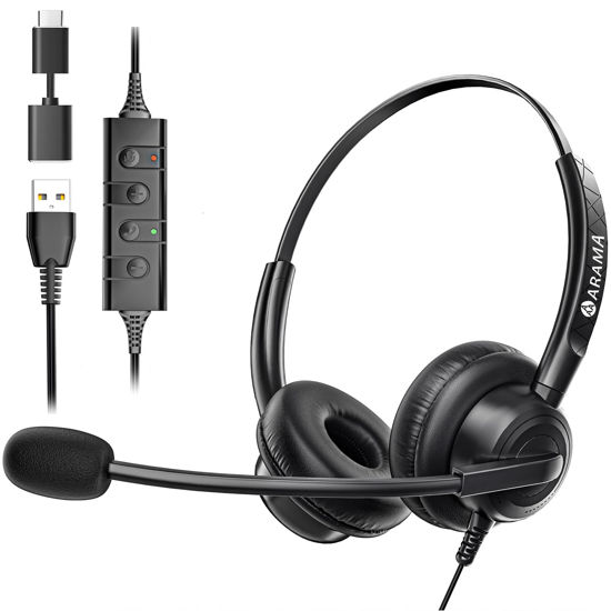 Picture of Arama Headset with Microphone for PC, USB Headset with Noise Canceling Microphone for Laptop, Wired Computer Headset with Mute for Home Office Online Class Skype Zoom Meetings