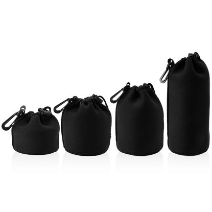 Picture of PEUTIER 4pcs Camera Lens Bag, 4 Sizes Drawstring Lens Pouch with Thick Protective Neoprene Black Camera Lens Case Bag for Canon, Nikon, Sony, Pentax (Small, Medium, Large, X Large)