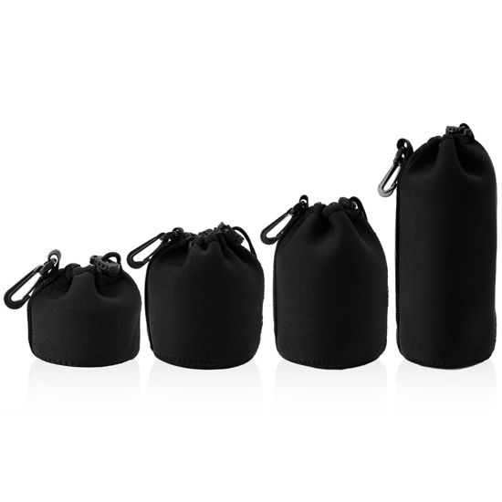 Picture of PEUTIER 4pcs Camera Lens Bag, 4 Sizes Drawstring Lens Pouch with Thick Protective Neoprene Black Camera Lens Case Bag for Canon, Nikon, Sony, Pentax (Small, Medium, Large, X Large)