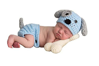 Picture of Newborn Baby Girl Boy Photo Props Outfits Crochet Knitted Blue Dog Hat Shorts with Bone Set for Boys Girls Photography Shoot (0-6 Months)