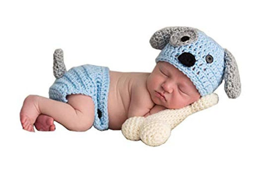 Picture of Newborn Baby Girl Boy Photo Props Outfits Crochet Knitted Blue Dog Hat Shorts with Bone Set for Boys Girls Photography Shoot (0-6 Months)