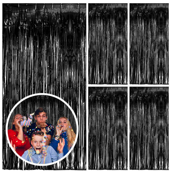 Picture of 5 Pack Black Party Streamers Backdrop Tinsel Foil Fringe Curtains Halloween Party Decorations Birthday Wednesday Twilight Party Decorations Graduation Wizard Party Supplies