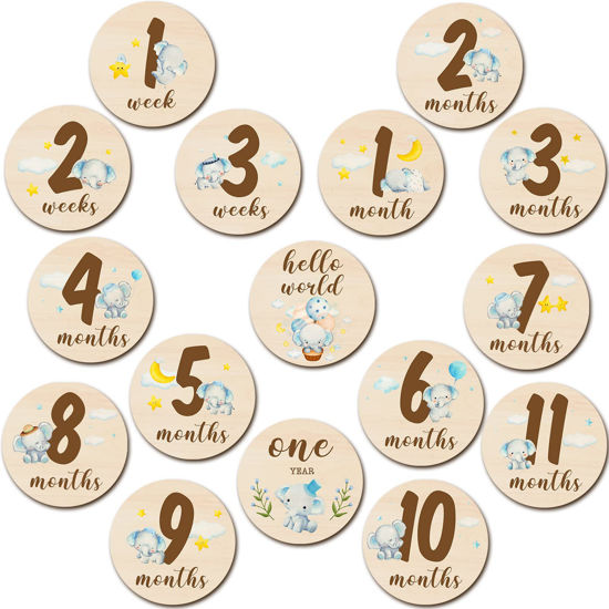 Picture of 16 Pieces Wooden Baby Monthly Milestone Cards Baby Monthly Milestone Marker Discs Double Sided Monthly Milestone Wooden Circles Baby Months Signs for Baby Shower Newborn Photo Props(Blue Elephant)